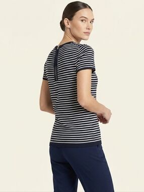 Philosophy Navy White Striped Back Zip Short Sleeve Sweater L Nautical Sailor